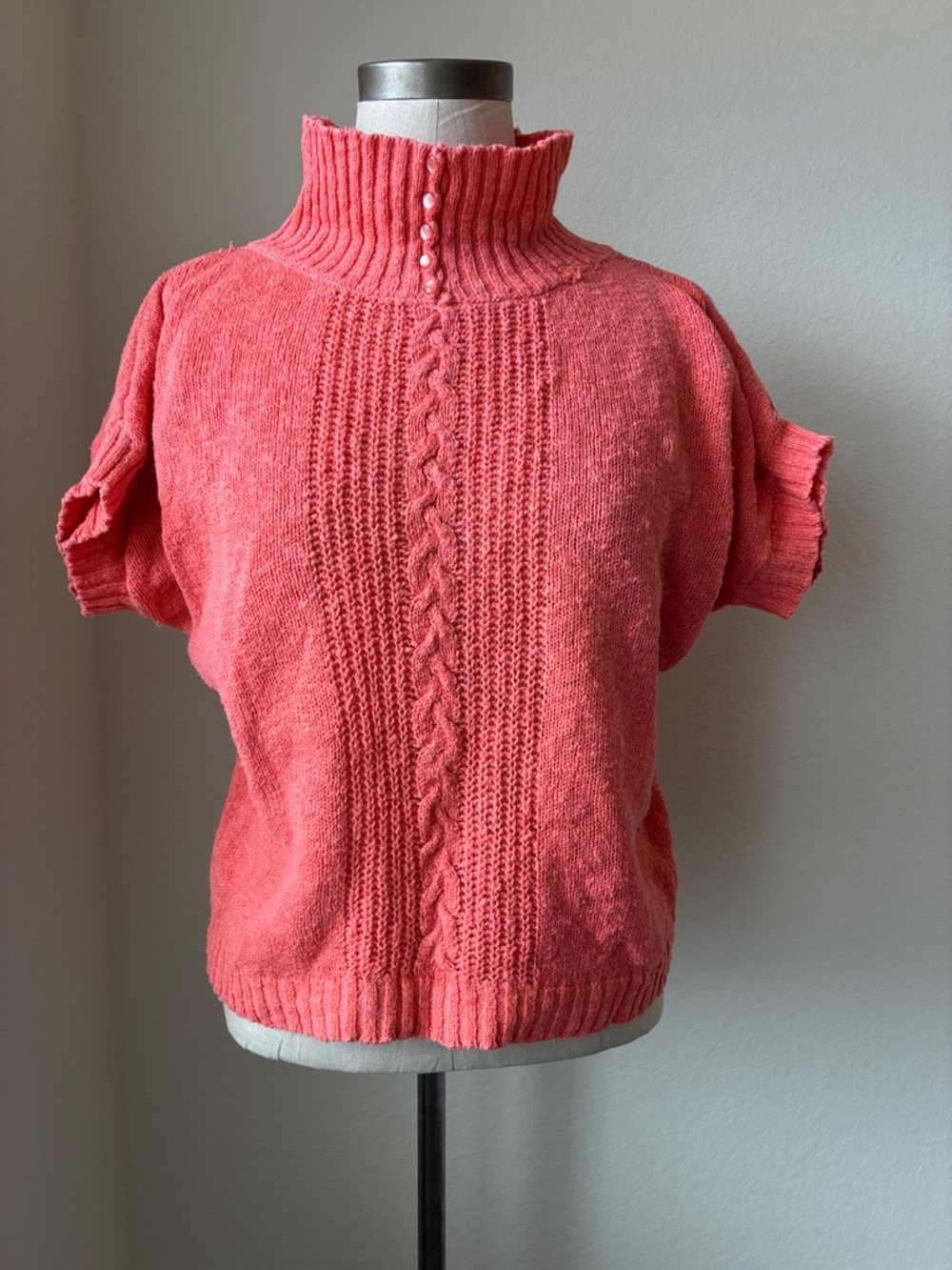 Vtg 80s SML Sport Coral Cowl Neck Short Puff Sleeve Sweater Eclectic Dopamine